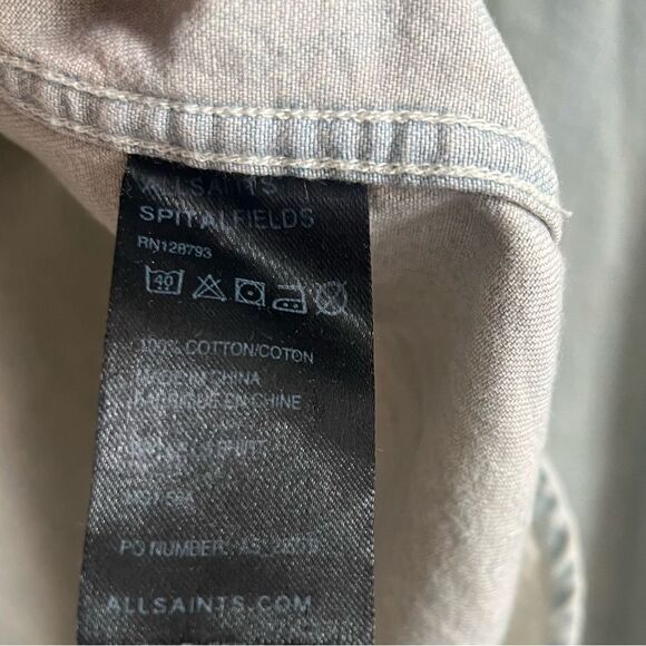 All Saints Mens spitalfields Distressed wash Long Sleeve Denim button down LG - Picture 8 of 8